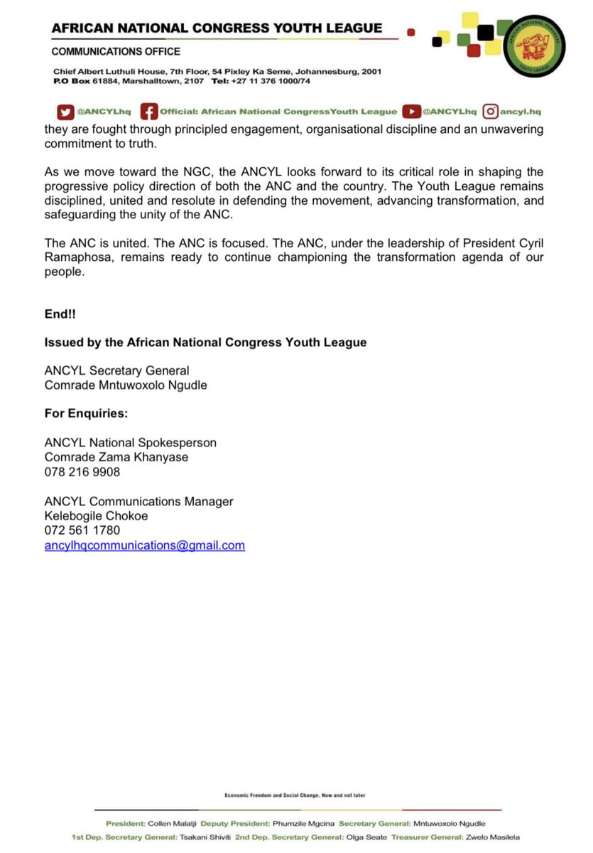 MbalulaFikile's tweet image. The ANCYL, reaffirms its full, unambiguous and militant confidence in the leadership of President Ramaphosa. The ANC is united. The ANC is focused. The ANC, under the leadership of President Cyril Ramaphosa, remains ready to continue championing the transformation agenda of our…