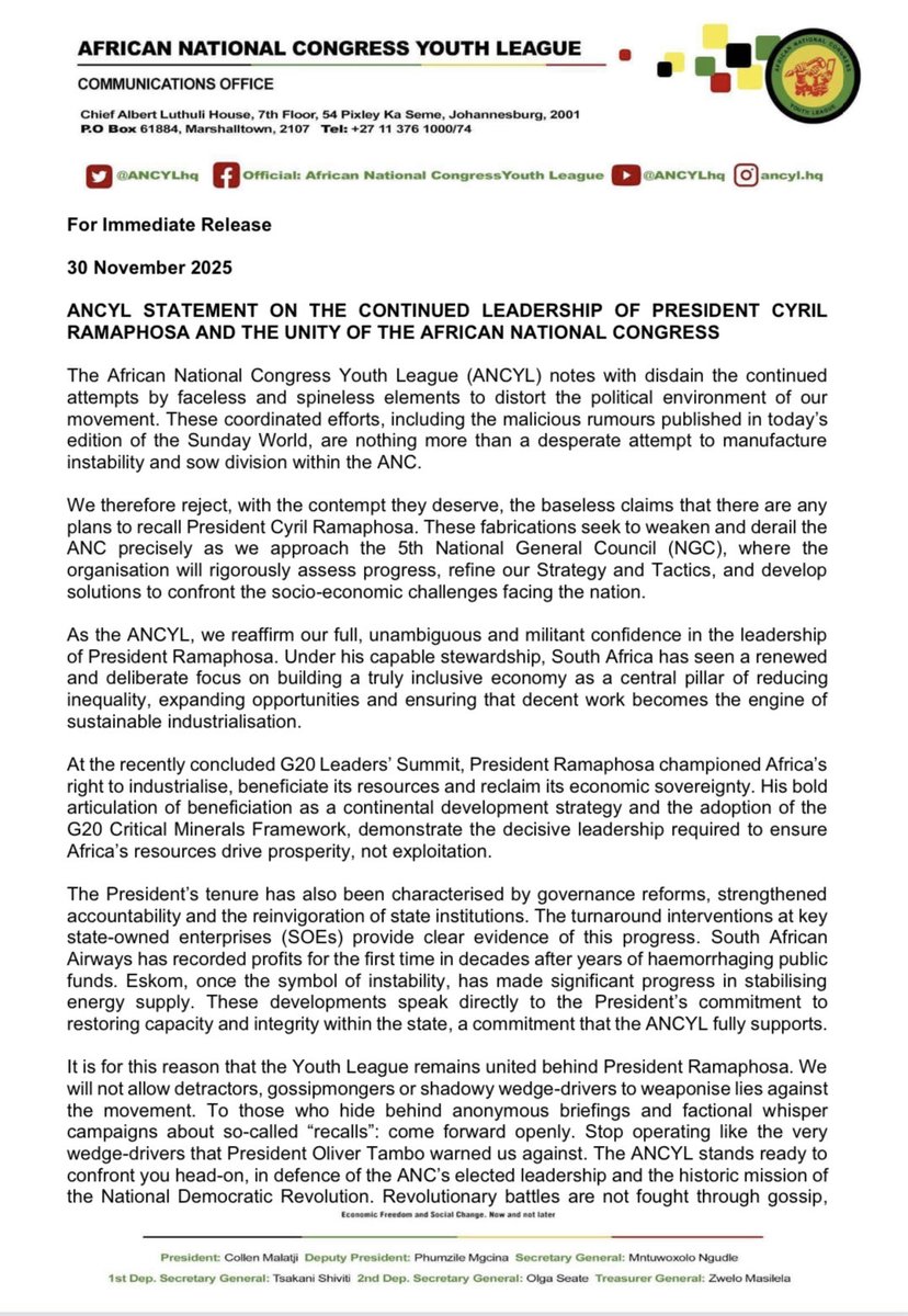 MbalulaFikile's tweet image. The ANCYL, reaffirms its full, unambiguous and militant confidence in the leadership of President Ramaphosa. The ANC is united. The ANC is focused. The ANC, under the leadership of President Cyril Ramaphosa, remains ready to continue championing the transformation agenda of our…