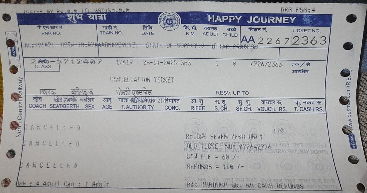 YashVar91039520's tweet photo. I cancelled two counter tickets on26 Nov(today is 30 Nov)but still haven’t received my refunds.Ticket-1:PNR2605212407,Ticket No.AA22672363–Refund₹110Ticket-2:PNR2443300105,Ticket No.AA22672361–Refund₹195Please resolve this delay. @AshwiniVaishnaw @RailMinIndia @IRCTCOFFICIAL1 https://t.co/4xlf5s2lET