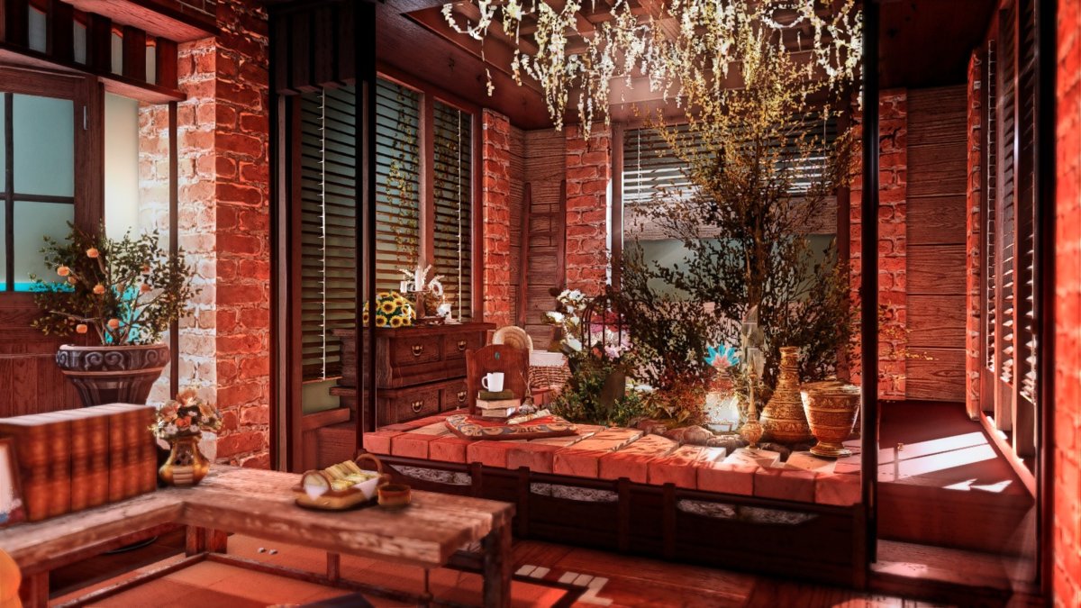 SKDXIV's tweet photo. 【Pequeño Atarceder】【L】
A re-imagining of an older build I did a year ago, focusing on a little lofted bed, and a room filled with knick knacks and plants.☀️ (1/2).
 #FF14ハウジング #FF14Housing #FF14  #ffxivhousing https://t.co/HaNY9QoKjO