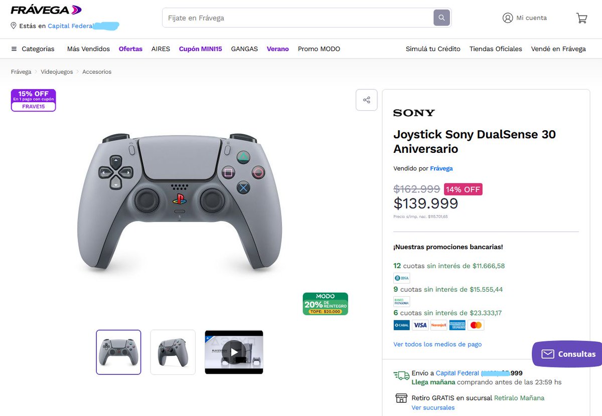 Argentina | 30.° aniversario de PlayStation en Fravega  

➡️DualSense - PlayStation 30 Aniversario
➡️$140.000
➡️$119.000 en 1 pago con cupón "FRAVE15"
➡️$120.000 con Modo
➡️fravega.com/p/joystick-son…