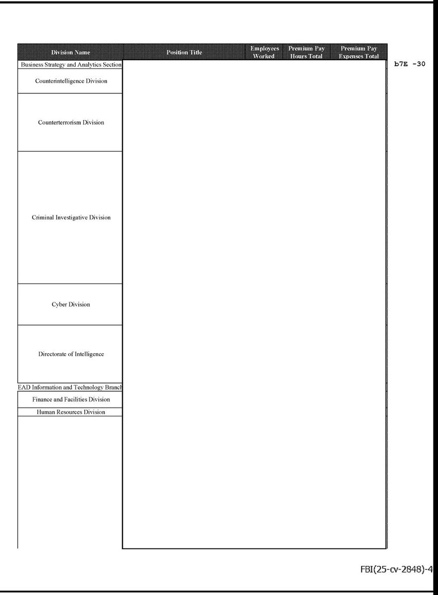 JasonLeopold's tweet image. NEW: These are all the divisions at FBI involved in the review of the Epstein files earlier this year. Between March 15 and March 22, 934 FBI agents &amp;amp; other personnel reviewed the files and clocked in 14,278 &quot;premium pay&quot; hours (essentially overtime) and were paid $851,344 in OT