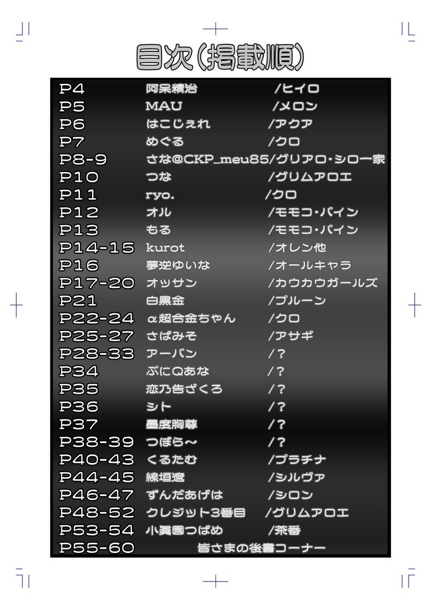 札幌プリボム合同、全年齢を手前、R-18を奥で後は基本的には入稿順で目次の生成が終わりました…。

ただしここからクレジット変わる可能性があるのでご容赦ください。そしてページ調整の都合で目次がぶっとぶ可能性もあるのでそれもご容赦ください…