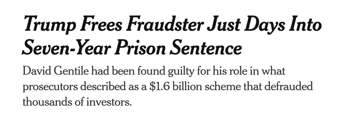 KBAndersen's tweet image. He really truly is an unabashed pro-criminal president, the gangster&apos;s best friend. As long as the crimes are major, and involve financial fraud or drug dealing. 
Gift link: nytimes.com/2025/11/29/us/…