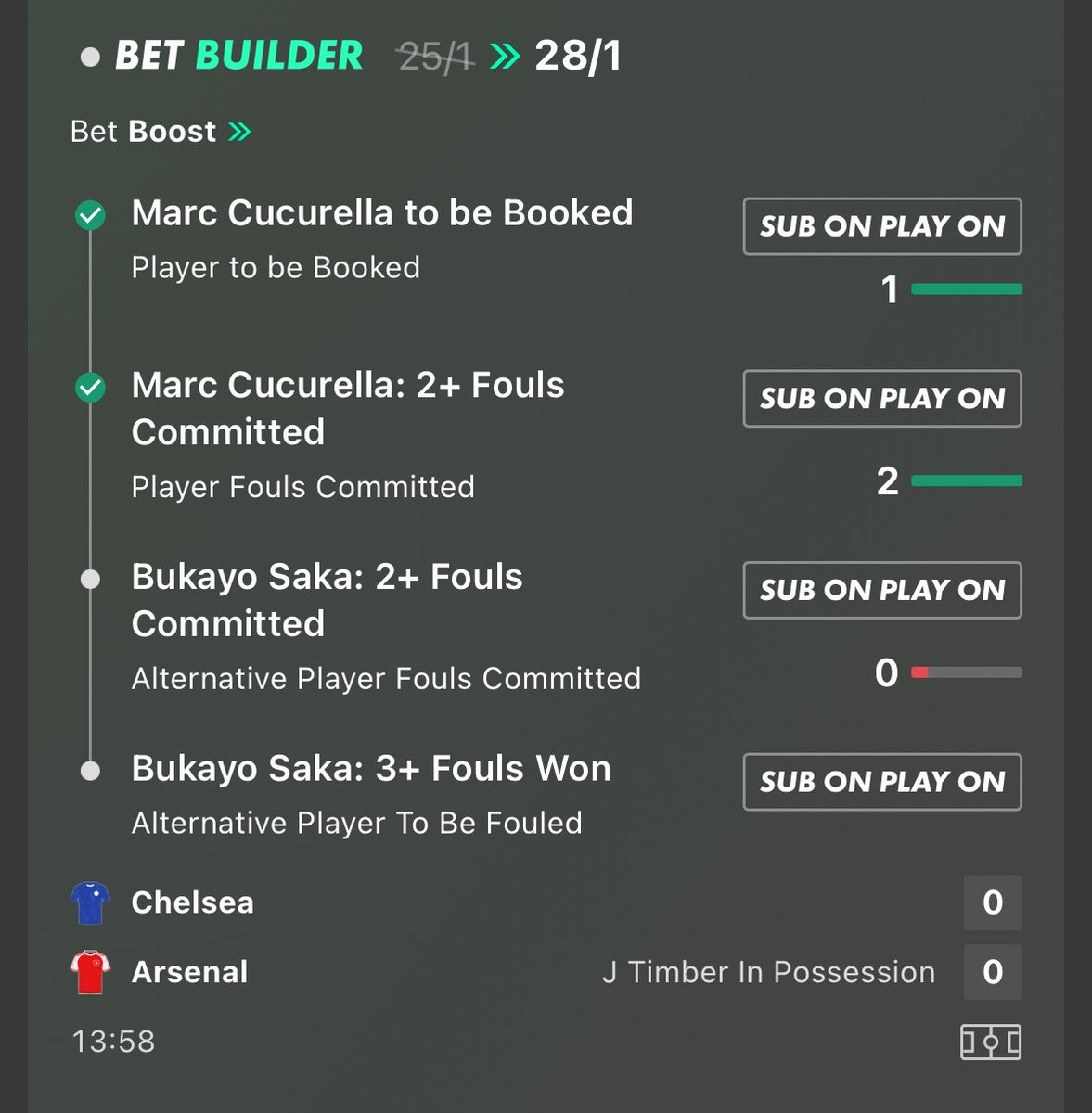 Wow...

What a start 😂

What did we tell you about this battle!

Cucurella card ✅
Cucurella 2 fouls ✅

We need Saka to win 1 more foul and commit 2 to land the boost 🤞🏼

18+ gambleaware