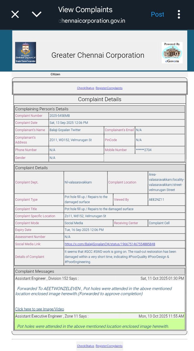 BalajiGopalanCH's tweet image. ZO11, WD152, Velmurugan St

#GCC #SWD

The road-cut restoration has been damaged again within a month, indicating #PoorQuality #PoorDesign &amp;amp; #PoorEngineering.

The GCC’s earlier response and an old photo are attached here for your reference.

To: @chennaicorp @rdc_south 

Cc:…