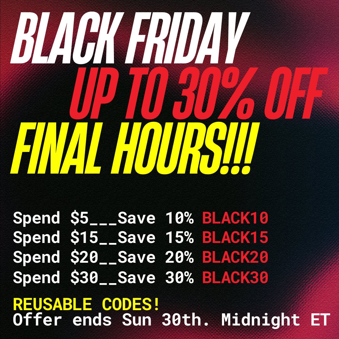 traxsource's tweet image. FINAL HOURS!!! Our Black Friday code is about to expire, use it up! 🚨

Spend $5, save 10% → use code: BLACK10
Spend $15, save 15% → use code: BLACK15
Spend $20, save 20% → use code: BLACK20
Spend $30, save 30% → use code: BLACK30
Reusable codes! Ends Sun. 30th, Midnight ET
