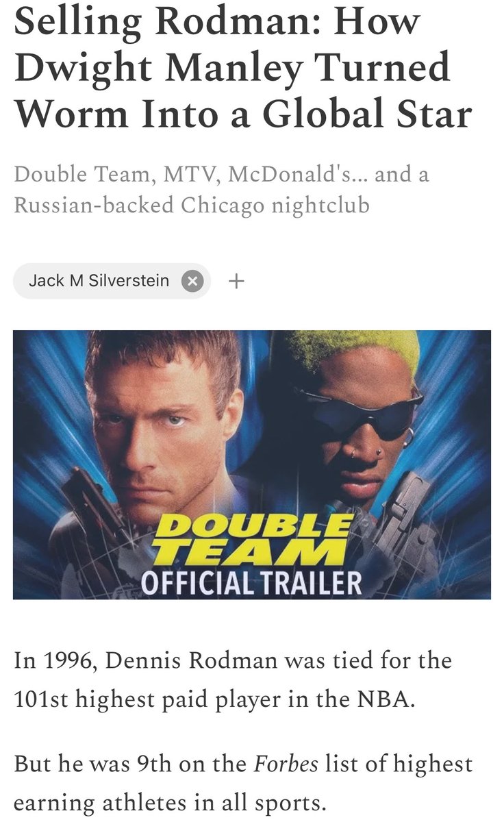 readjack's tweet image. 🚨NEW IN INBOXES 6 a.m. for paid subscribers 🚨

How @dennisrodman became a global icon and 9th on the Forbes athlete 💰 list working with agent Dwight Manley.

In here: Van Damme, Tom Cruise, Vivica A. Fox and a deep-pocketed Russian.

Sign up now!

readjack.substack.com/p/dwight-manle…