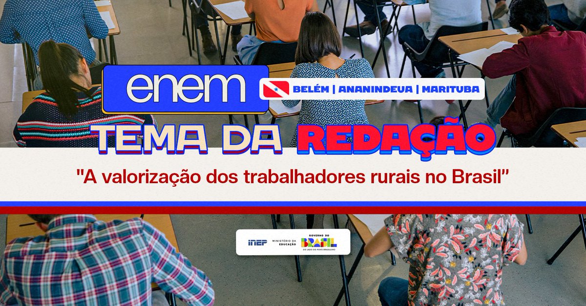 inep_oficial's tweet image. 📄 Os participantes do Enem 2025 em Belém, Ananindeua e Marituba (PA) deverão escrever sobre &quot;A valorização dos trabalhadores rurais no Brasil”, respeitando os critérios presentes no edital do exame.

🌐 gov.br/inep