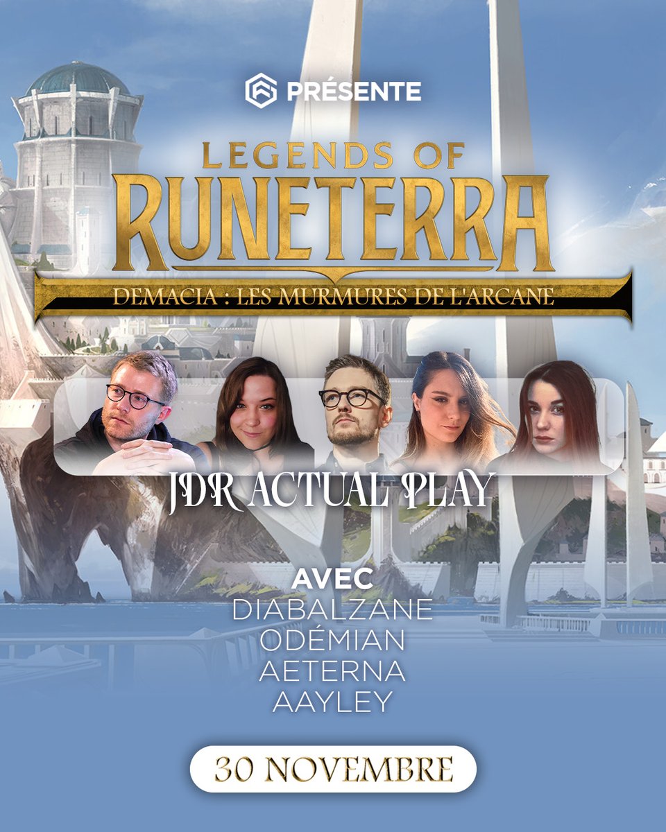RDV à 20h pour un JDR Runeterra à Demacia !
<a href="/OdemianHS/">SLY Odemian</a> a préparé un scénario de zinzin, que j'ai le plaisir de partager avec <a href="/diabalzane/">Diabalzane</a>, <a href="/aayley/">aayley 🌱</a> &amp; <a href="/AllaisLouise/">Aeterna</a> !
Ce sera sur twitch.tv/geekfabula !