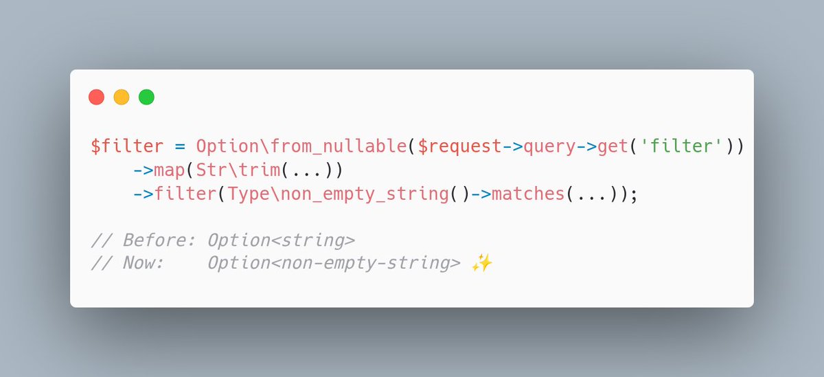 _DevNIX's tweet image. 🚀 Just contributed a new feature for the @phpstan&apos;s PSL extension!

Option::filter() now supports type narrowing, check it out! 

github.com/php-standard-l…