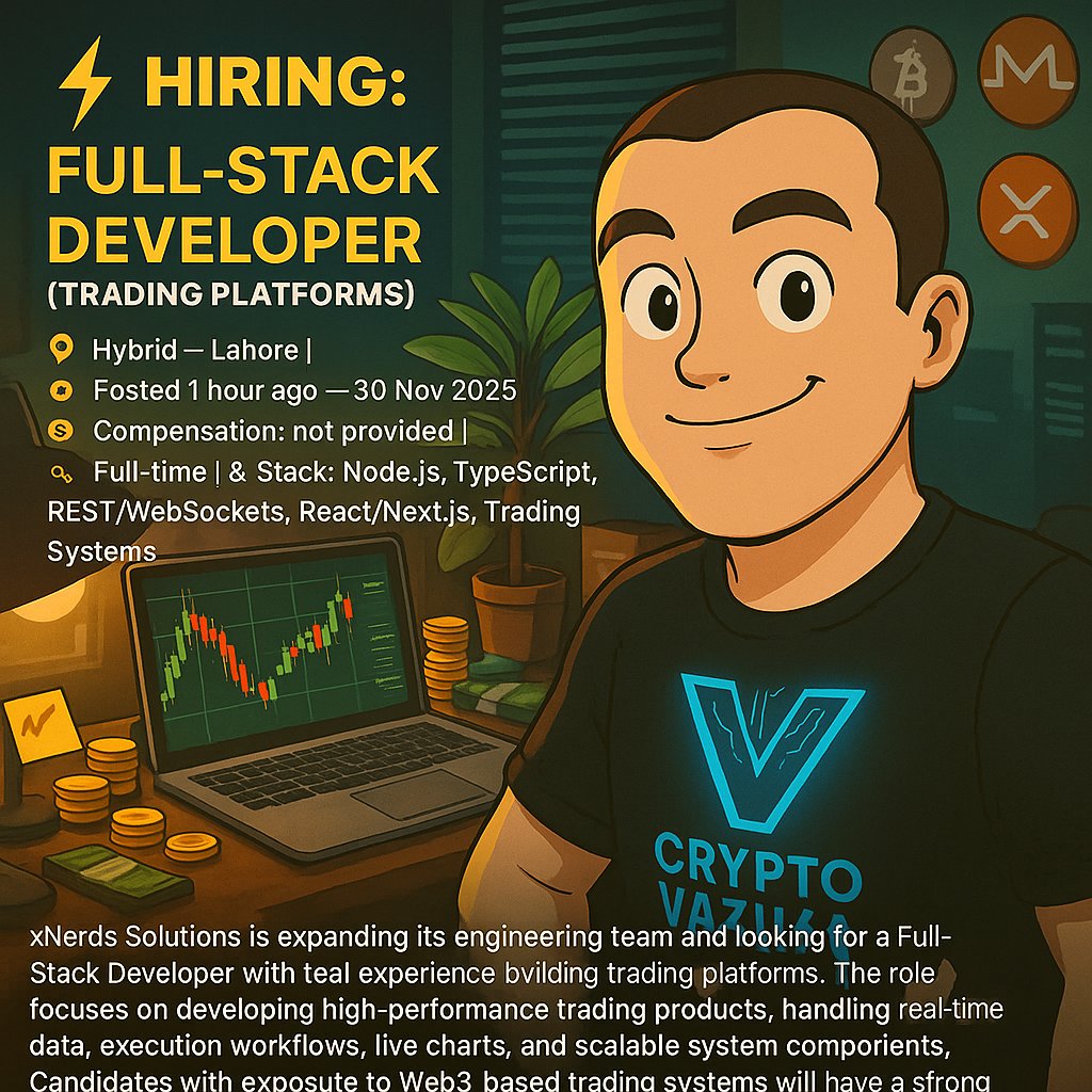 crypto_vazima's tweet image. ⚡ Hiring: Full-Stack Developer (Trading Platforms) — xNerds Solutions
📍 Hybrid — Lahore | 💼 Full-time | 🧑‍💻 Node.js, TypeScript, REST/WebSockets, React/Next.js | 💰 Salary not provided

xNerds Solutions is growing and looking for a Full-Stack Developer with hands-on experience…