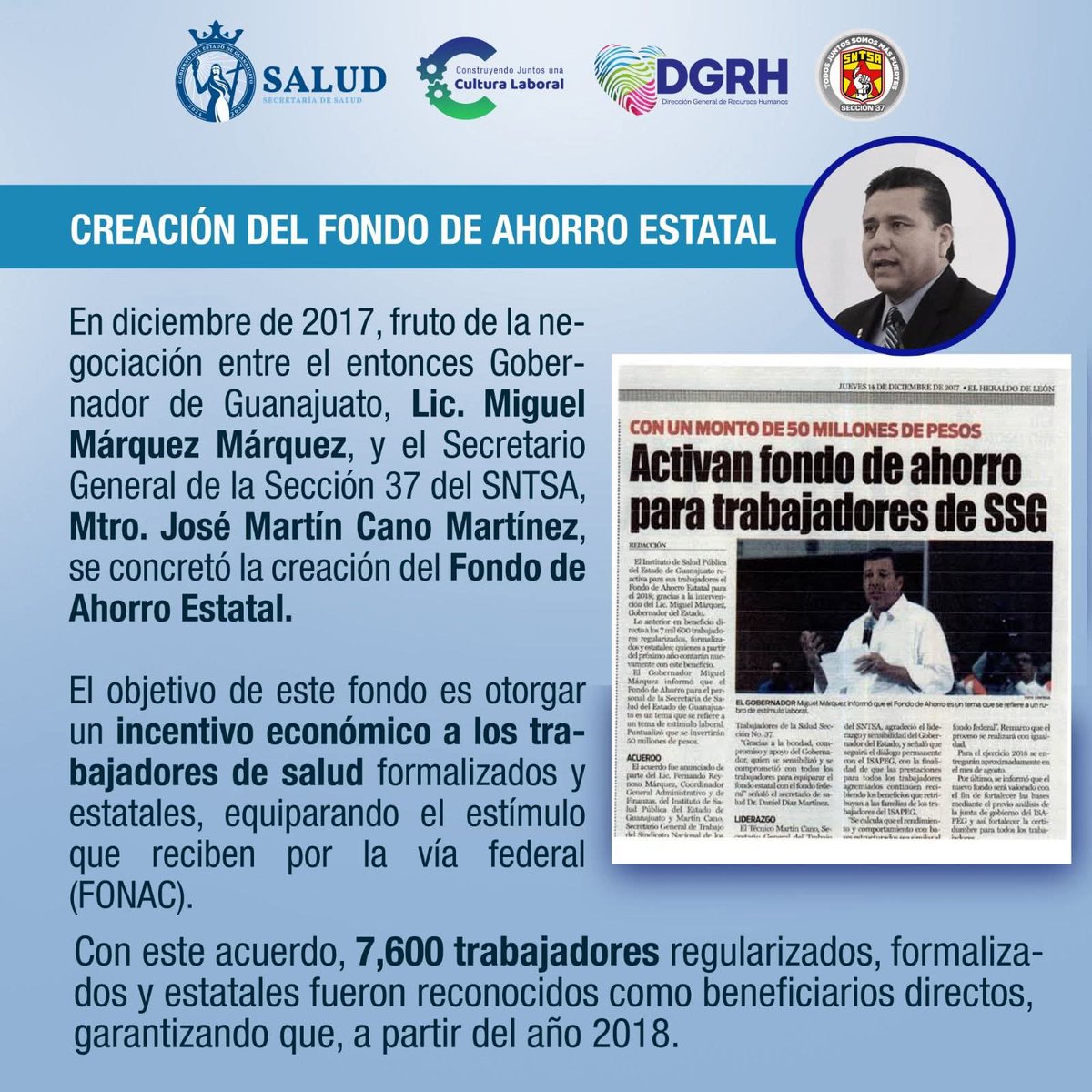 sntsa_37's tweet photo. En diciembre de 2017 nació el Fondo de Ahorro Estatal, fruto de la negociación entre el Gobierno de Guanajuato y el SNTSA 37. 

#OrgulloSindical #HistoriaQueTrasciende #LiderazgoConVisión https://t.co/24w8JvTSom