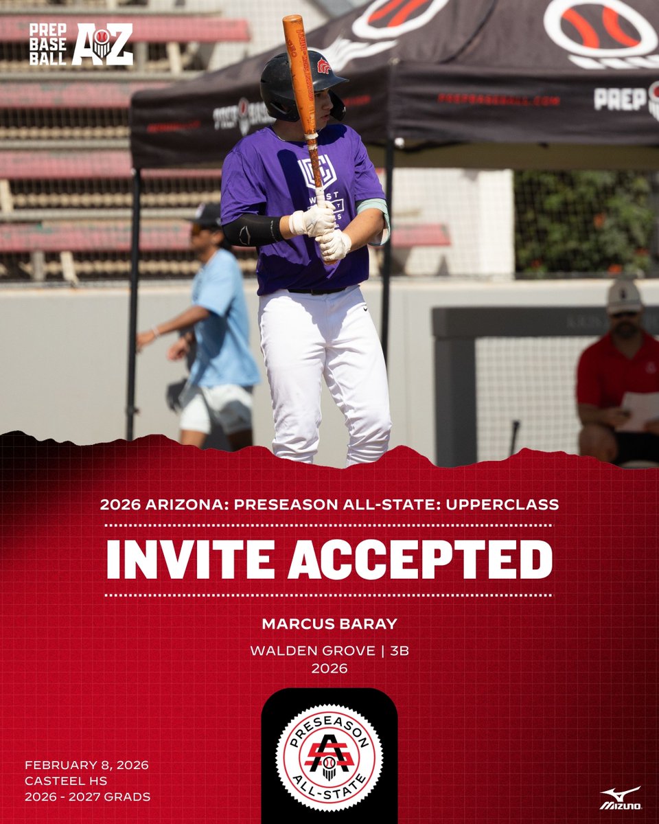 PrepBaseballAZ's tweet photo. #𝐀𝐙𝐏𝐀𝐒𝟐𝟓 𝐔𝐩𝐩𝐞𝐫𝐜𝐥𝐚𝐬𝐬: 𝐈𝐧𝐯𝐢𝐭𝐞 𝐀𝐜𝐜𝐞𝐩𝐭𝐞𝐝 ✅

𝐏𝐫𝐨𝐬𝐩𝐞𝐜𝐭: Marcus Baray (@Marcus_bsbl13)
𝐂𝐥𝐚𝐬𝐬: 2026
𝐇𝐒: Walden Grove
𝐏𝐨𝐬𝐢𝐭𝐢𝐨𝐧: 3B

👤: https://t.co/BWbjlwlS4l

🔗: https://t.co/SP6IdZZaT5 | #beseen https://t.co/Y0elRwcNX8