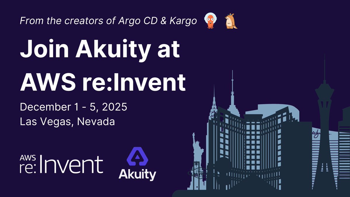 akuityio's tweet image. The team is on the way to #AWS re:Invent 2025! ✈️

Get ready for live demos, fresh swag, and hands-on walkthroughs of how the Akuity Platform brings AI and #GitOps together on @awscloud. 👥

Follow us here for daily updates from Las Vegas! 🎲

#AWSreInvent #EKS #ArgoCD #Kargo