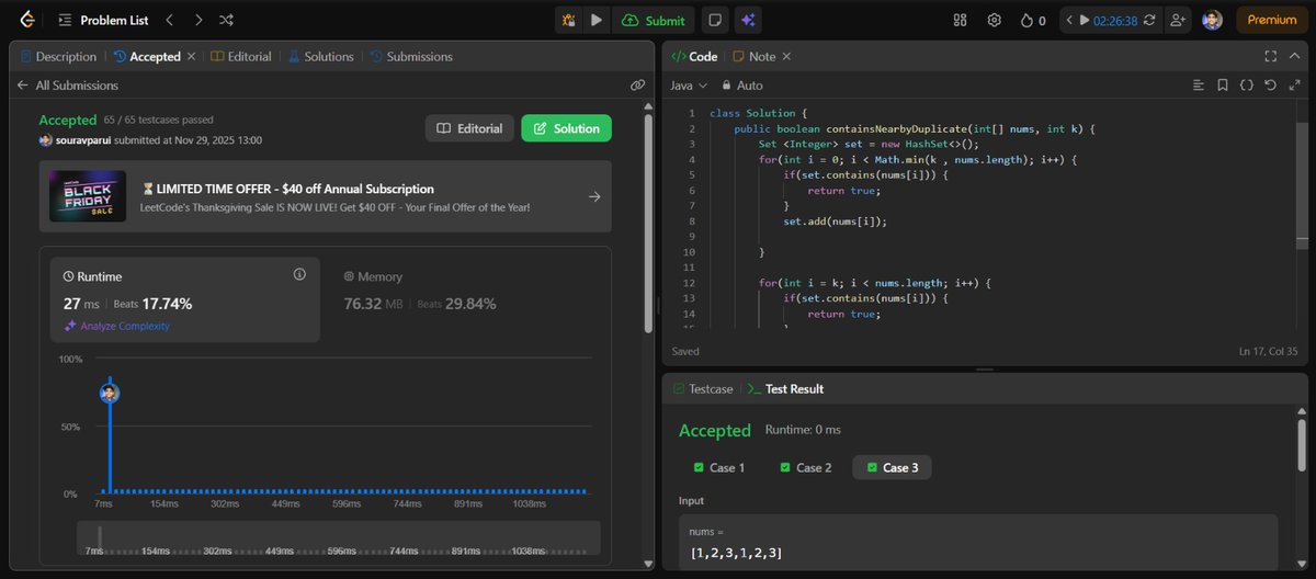 SouravParvi's tweet photo. Solved LeetCode 219 – Contains Duplicate II today!
Used HashSet + Sliding Window to detect duplicates within k distance. Efficient and clean 👇
#LeetCode #Java #Coding #DSA #SlidingWindow #HashSet #100DaysOfCode #CodingChallenge #Tech https://t.co/38d7qeJ2eD