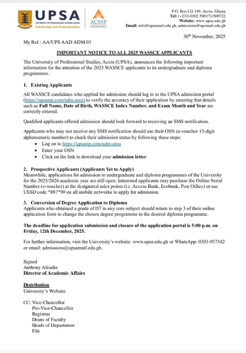 🔴IMPORTANT NOTICE TO ALL 2025 WASSCE APPLICANTS