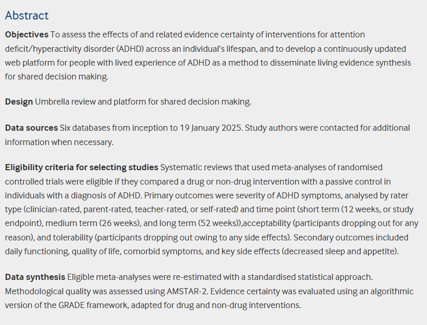 bmj_latest's tweet image. New BMJ Research: Benefits and harms of ADHD interventions.

This umbrella review indicates that although some drug interventions offer medium to large benefits in the short term for management of ADHD symptoms, they can be poorly tolerated
bmj.com/content/391/bm…