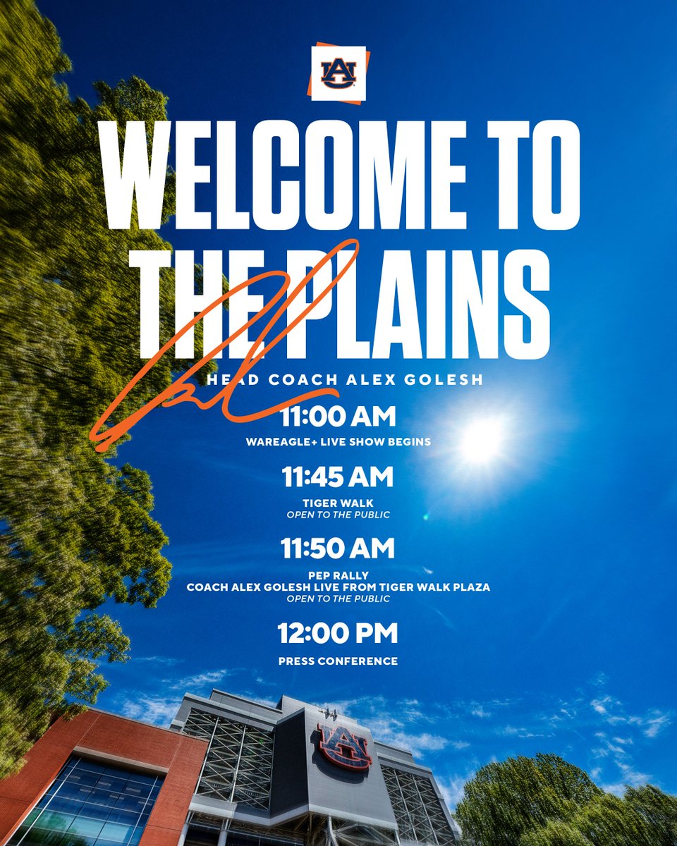 AuburnTigers's tweet image. Auburn Family,

Join us Monday morning to welcome @CoachGolesh and his family to The Plains LIVE from Tiger Walk!

🔗 : auburntige.rs/4om658h

#WarEagle 🦅
