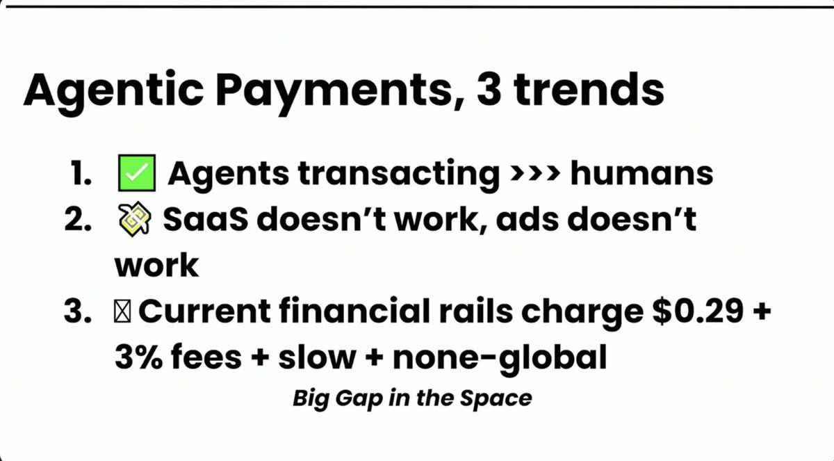3 trends in agentic payments by <a href="/13yearoldvc/">jessy</a> at Agentic Zero

– More agents will be transacting for humans
– The existing SaaS and ad model doesn't work
– There's a big gap in financial rails to support agents
