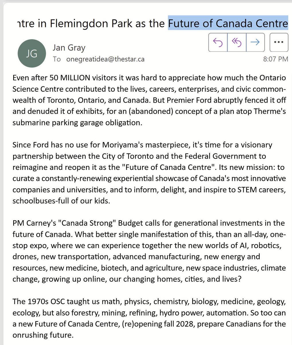 jangray's tweet photo. @SaveOSC For onegreatidea @TorontoStar
@MarkJCarney @MayorOliviaChow 
#CanadaStrong 

“Even after 50 MILLION visitors it was hard to appreciate how much the Ontario Science Centre contributed to the lives, careers, enterprises, and civic commonwealth of Toronto, Ontario, and Canada. …” https://t.co/tEE4pOdVbE
