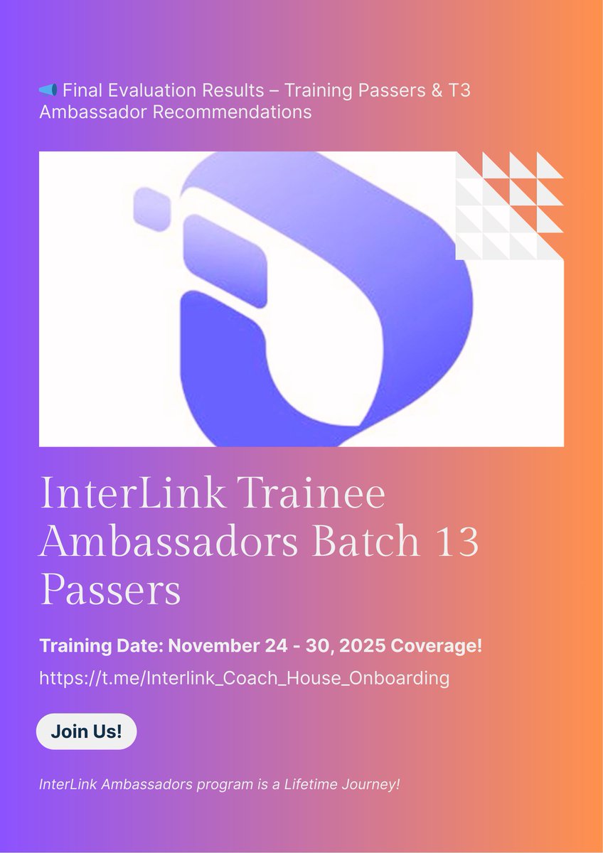 C_Interlinklabs's tweet image. 📣 Final Evaluation Results – Training Passers &amp;amp; T3 Ambassador Recommendations

Dear @inter_link Global Ambassadors,

The Final Evaluation is complete. We are proud to present the official list of Training Passers and those recommended for T3 Ambassadors.

✅ Official Training…