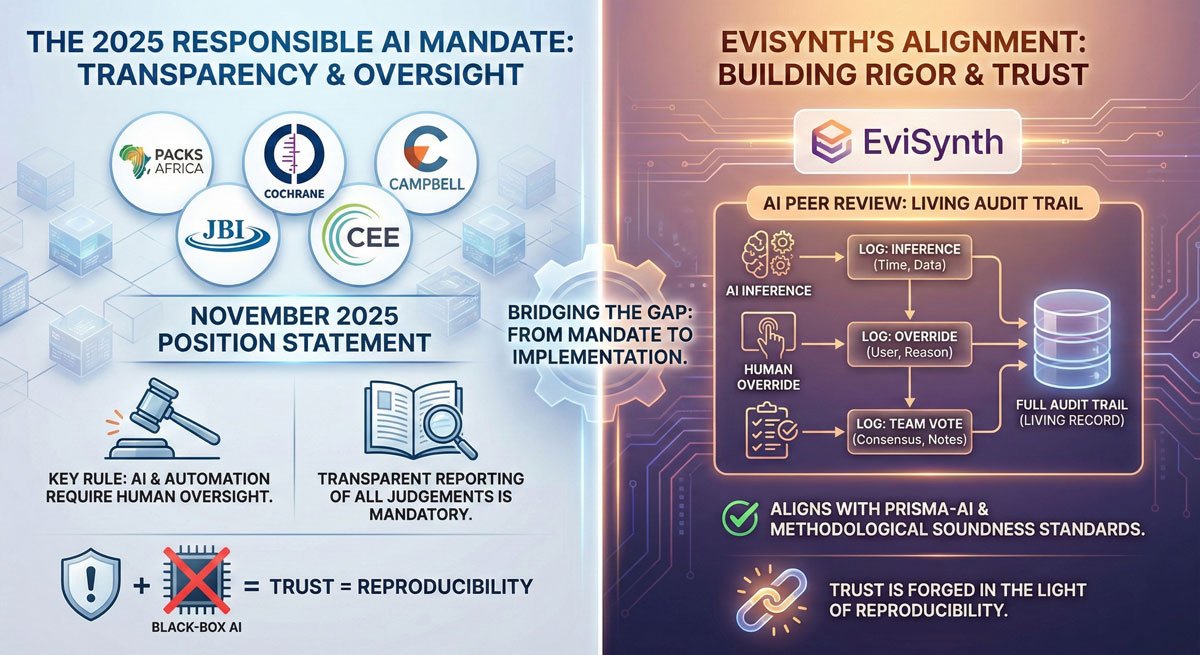 mirmoghtadaei's tweet image. @Evisynthapp 2025 Position Statement on Responsible Use of AI in Evidence Synthesis
The message is blunt:
log every prompt &amp;amp; output
document every human override
prove human oversight was real
report it transparently (PRISMA-AI style)
#ResponsibleAI #OpenScience #MetaAnalysis