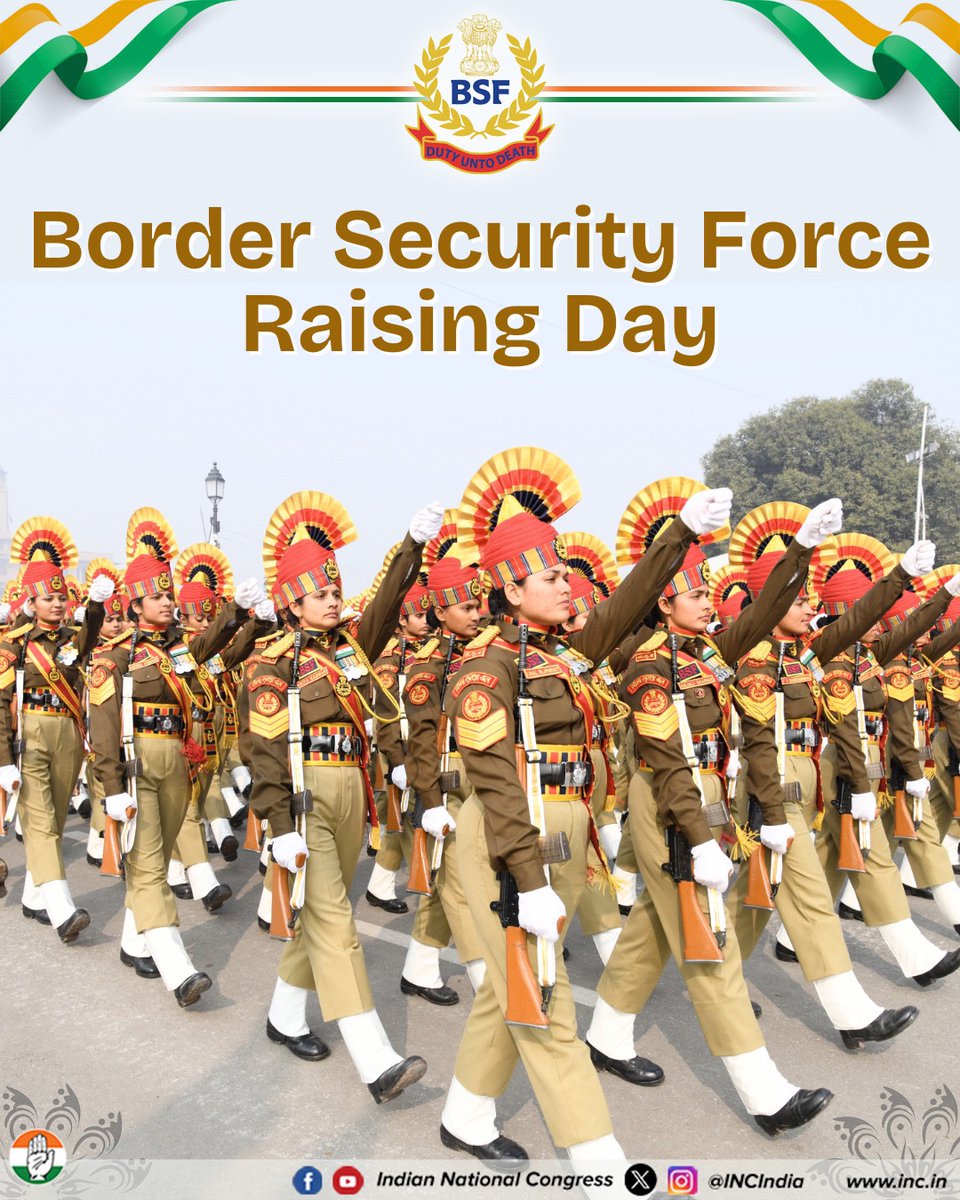 INCIndia's tweet photo. On BSF Raising Day, we salute the unwavering dedication and commitment of our Border Security Force jawans who stand as India's first line of defence.

From safeguarding our borders to tackling the challenges to the nation's security, the BSF has shown unmatched grit and patriotism.

We honour their service and sacrifice dedicated to the nation. Jai Hind 🇮🇳