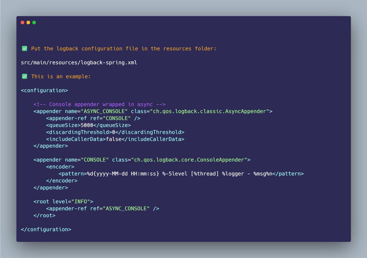 mario_casari's tweet image. 🚀 You can use async logging in Spring Boot by configuring logback (logback-spring.xml).

✅ Log messages are sent into a queue,  and are elaborated by a separate background thread.

✅ This reduces I/O bottlenecks.
#SpringBoot #JavaDev