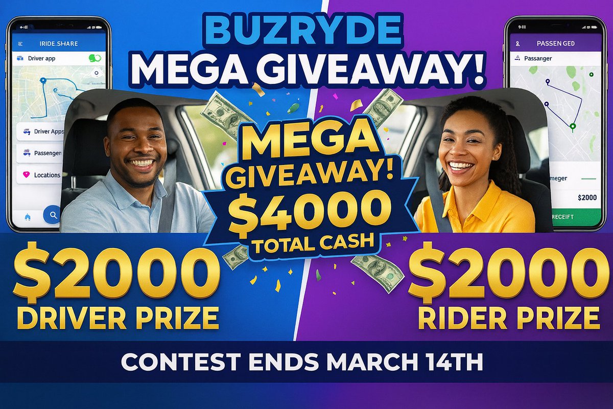 BuzRyde's tweet photo. The BUZRYDE $4000 MEGA GIVEAWAY is ON! 

Riders and Drivers across Canada are already hopping in, completing rides, and getting closer to that $2000 CASH PRIZE! 

Have YOU joined the challenge yet?

Riders: Complete 10 rides
Drivers: Complete 60 successful orders

✨ Do that, and you could walk away with $2000 CASH!
Don’t miss your chance, start riding or driving today!
For more info  https://t.co/CRcZggSwhI
Valid until 14th March 2026.

#BuzRyde #RideWithBuzRyde #Canada #RideShare #CashGiveaway #MegaGiveaway #GiveawayAlert #WinBig #SupportLocal #ExploreBC #TravelAlberta #BeautifulBC #ExploreCanada #DiscoverAlberta #Vancouver #Banff #Calgary #Saskatoon #VictoriaBC #Jasper #LakeLouise #TravelBC #YEG #FYP