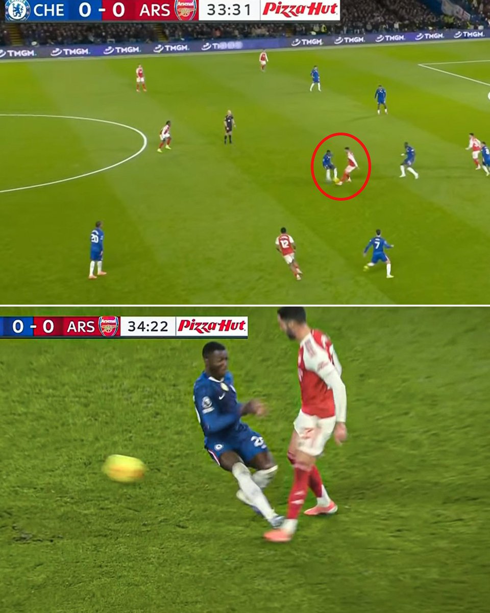 ESPNFC's tweet image. Moisés Caicedo received a red card after this tackle on Mikel Merino. Chelsea now plays with 10 men with a whole second half to be played 😅