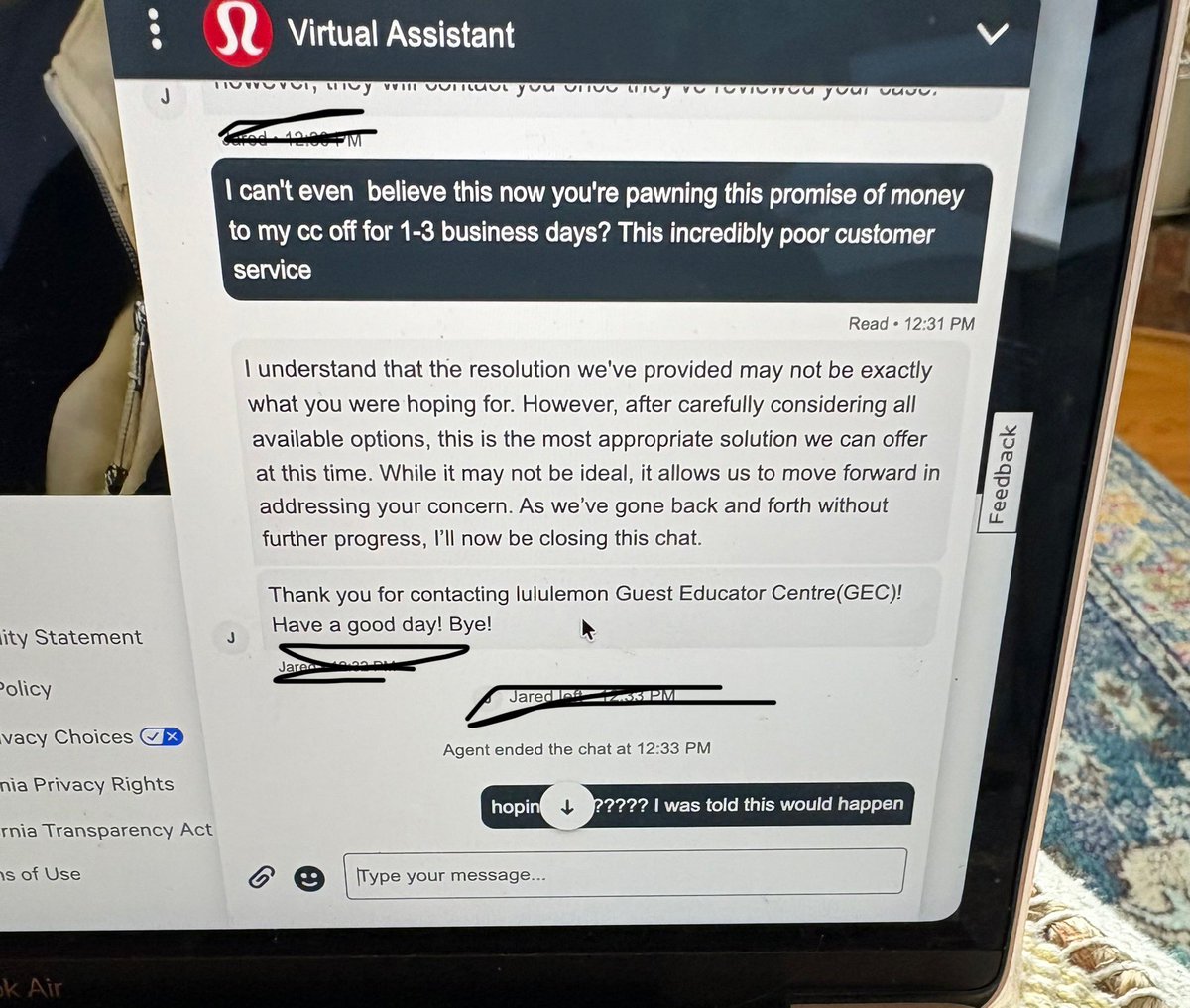 amoamp's tweet photo. @lululemon told me to buy items with my own cc and promised to reimburse me when the GC arrived. Next day they reversed promise and no one had contacted me in 24 hours. @BBBTriCounties @Reddit https://t.co/UB5Up8tp69