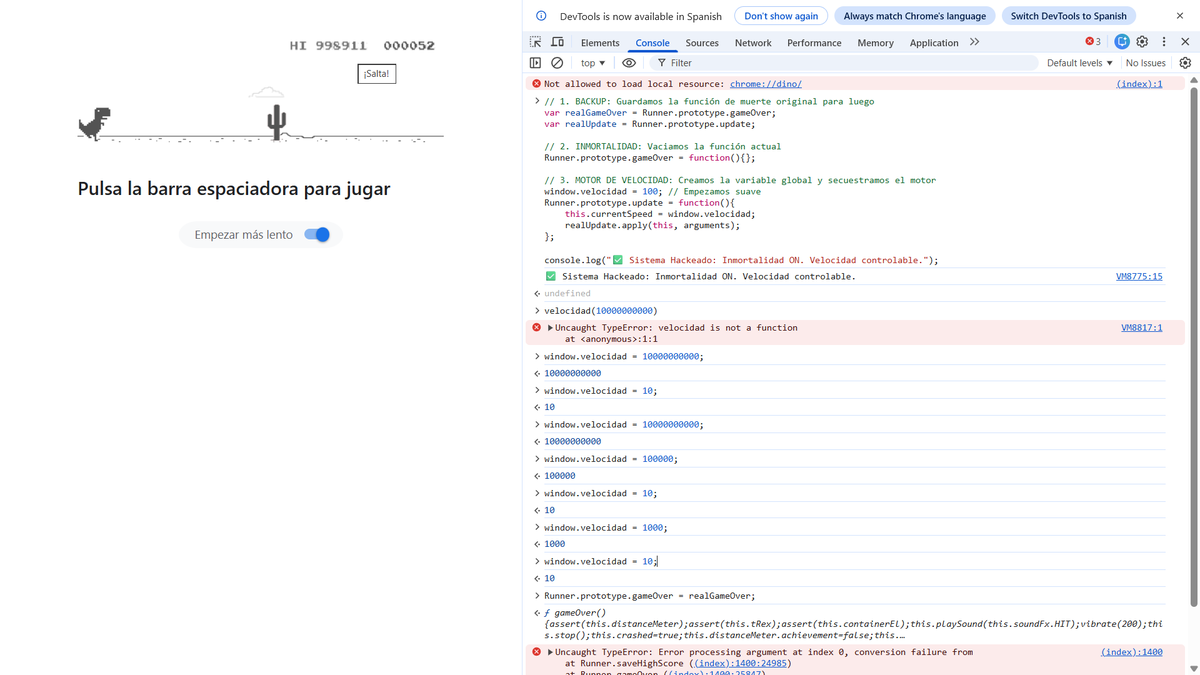 moi_oliva's tweet image. control speed:

var velocidad = v =&amp;gt; Runner.prototype.update=function(){this.currentSpeed=v;_o.apply(this,arguments)}

use:
velocidad(500) //fast
velocidad(10000000000) //orbital exit 🚀
etc.

photo2: more pro xD
