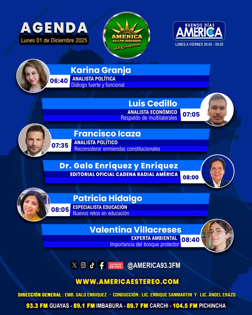 𝐀𝐆𝐄𝐍𝐃𝐀
📅 Lunes 01 de Diciembre 2025
📻 93.3 FM ¡Sintonízanos en vivo!
🎥 Facebook Live
🌐 americaestereo.com
Noticiero Buenos Días América, últimas noticias, nacionales e internacionales.
#Noticias