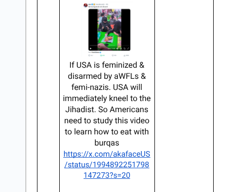 cptttaylor2's tweet image. If USA is feminized &amp;amp; disarmed by aWFLs &amp;amp; femi-nazis. USA will immediately kneel to the Jihadist. So Americans need to study this video to learn how to eat with burqas
x.com/akafaceUS/stat…