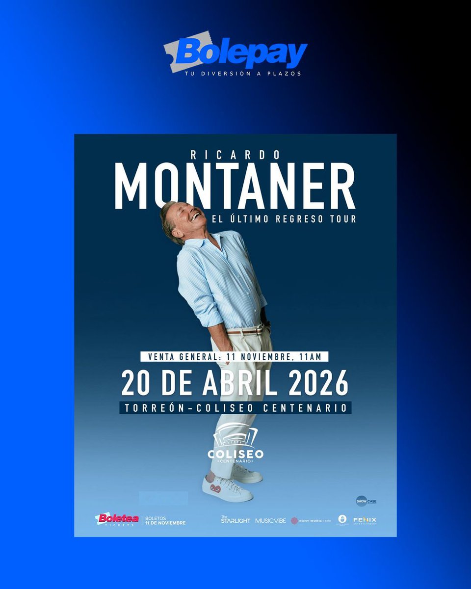 ¡Confirmado, Torreón!
Ricardo Montaner se presenta el 20 de abril 2026 y con Bolepay puedes apartar desde el 25% y terminar de pagar 8 días antes!
🎟️ Venta YA disponible
📍Coliseo Centenario
Tu mejor opción → Bolepay 💙

 #Conciertos #EventosTorreón #RicardoMontaner