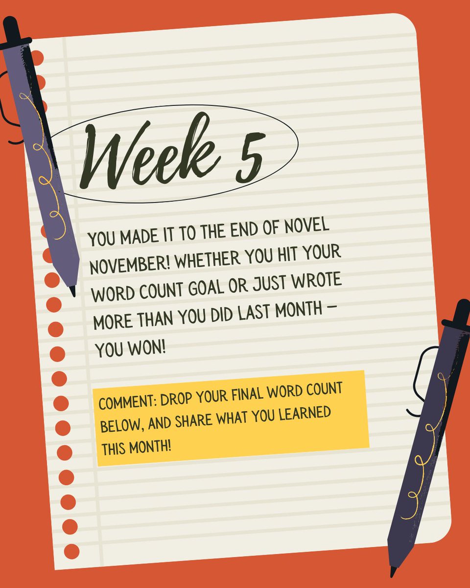 You made it to the end of Novel November!  Whether you hit your word count goal or just wrote more than you did last month, you won! 🎉

Let’s celebrate together!
💬 How did your month go?
💡 What did you learn about your story (or yourself)?

We’re so proud of this amazing