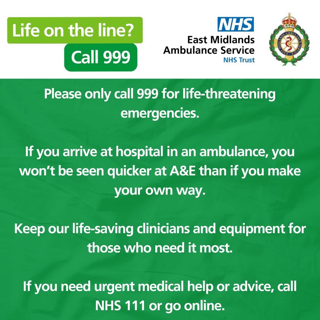 EMASNHSTrust's tweet image. Only call an ambulance if it’s a real emergency.

Arriving by ambulance doesn’t mean you’ll be seen sooner at hospital; patients are treated by how serious their condition is, not how they get there. 

If you need help but it’s not an emergency, call NHS 111 or visit 111 online