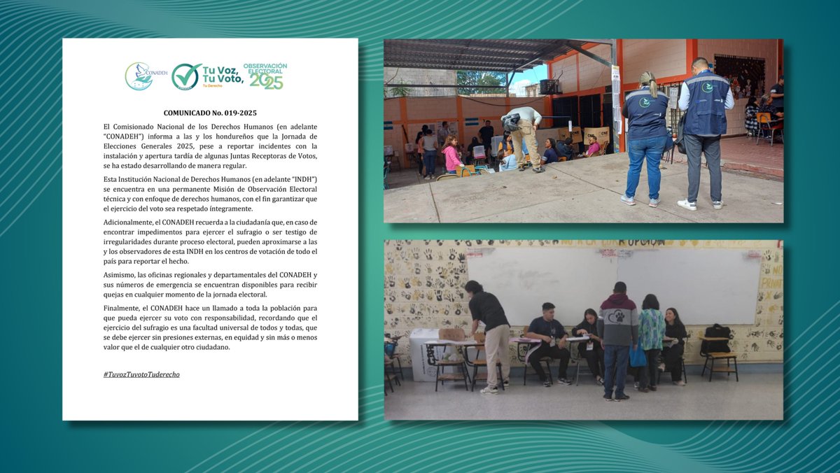 CONADEH's tweet image. 📌El #CONADEH se pronuncia sobre el desarrollo de las votaciones matutinas en el marco de la jornada de elecciones generales 2025

Ver comunicado aquí👇
 conadeh.hn/wp-content/upl…