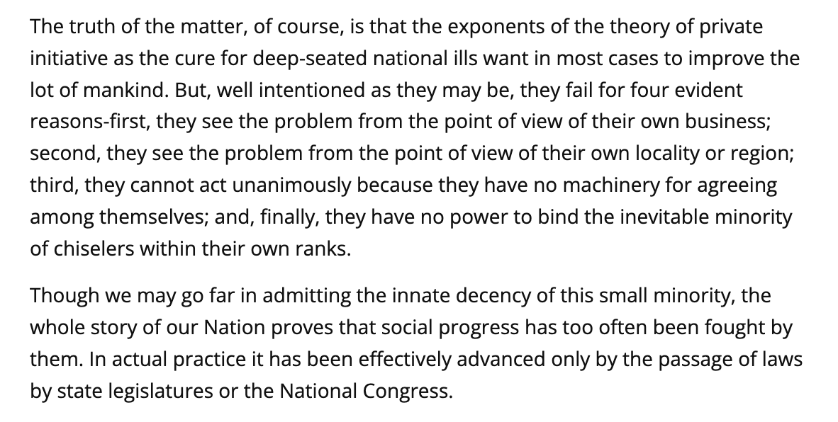 nikhil_palsingh's tweet image. Isn&apos;t one of the most obvious features of China&apos;s success that it&apos;s built on capacity to discipline its capitalist firms - including the &quot;inevitable chiselers in their ranks.&quot; Brings to mind this observation from FDR, seemingly lost to Western posterity. presidency.ucsb.edu/documents/mess…