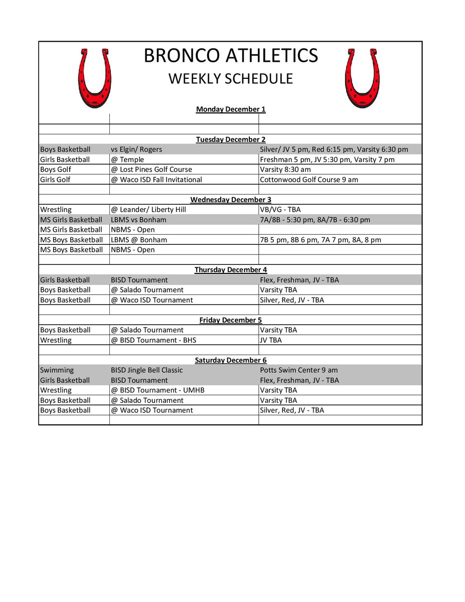 Post Thanksgiving Week for <a href="/BroncosLbhs/">LBHS Broncos</a>  <a href="/LakeBeltonHoops/">Lake Belton Bronco Basketball</a> is at home on Tuesday, <a href="/LakeBeltonWRES/">Lake Belton HS Wrestling</a> has BISD Tournament this weekend, <a href="/LBHSgirlsBB/">LBHS Girls Basketball</a> travels across town Tuesday, <a href="/LadyBroncoGolf/">LBHS Lady Bronco Golf</a> &amp; Boys Golf are in action and <a href="/SwimBronco/">Lake Belton Swim Team</a> is at home on Saturday.  Go Broncos!