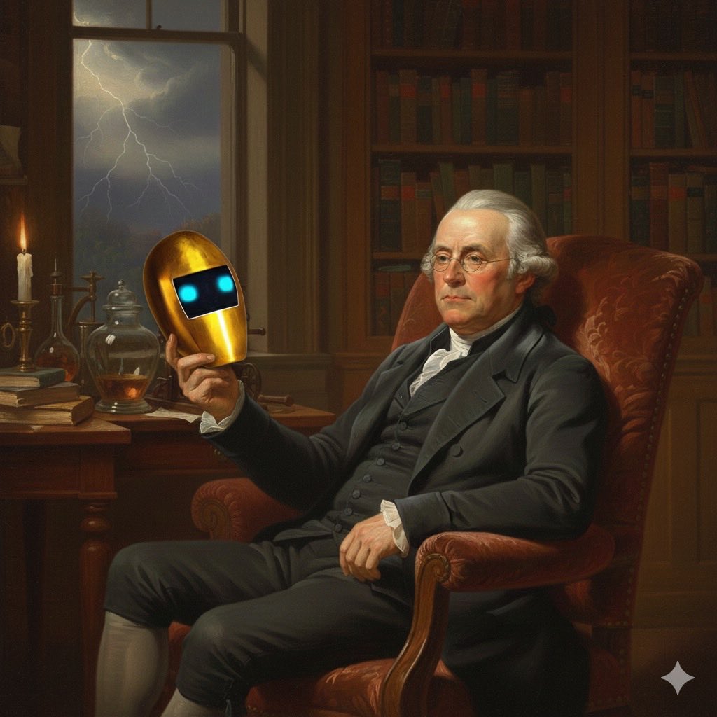 Benjamin Franklin holding a golden robotic head in a stormy study