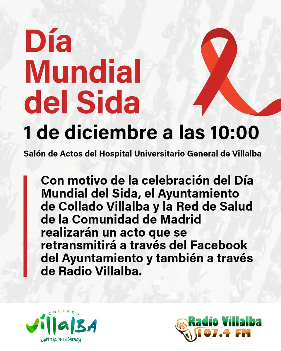 💚 Mañana, 1 de diciembre, conmemoramos el Día Mundial del Sida para seguir concienciando. La información es la mejor herramienta.

🎤 Hemos organizado un acto en el Hospital Universitario General de Villalba a las 10:00 que se emitirá en directo online y en Radio Villalba.