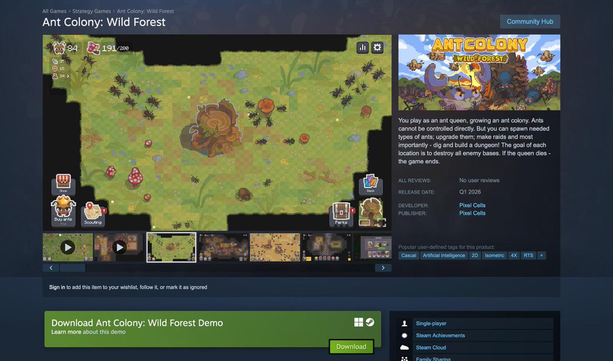 Pixel_Cells's tweet image. We have just released the DEMO version of the game on Steam! Jump in and test it on your PC! store.steampowered.com/app/1238190/An…

The full version of the game is scheduled for release in Q2 2026.
#steam #SteamDemo #AntColony