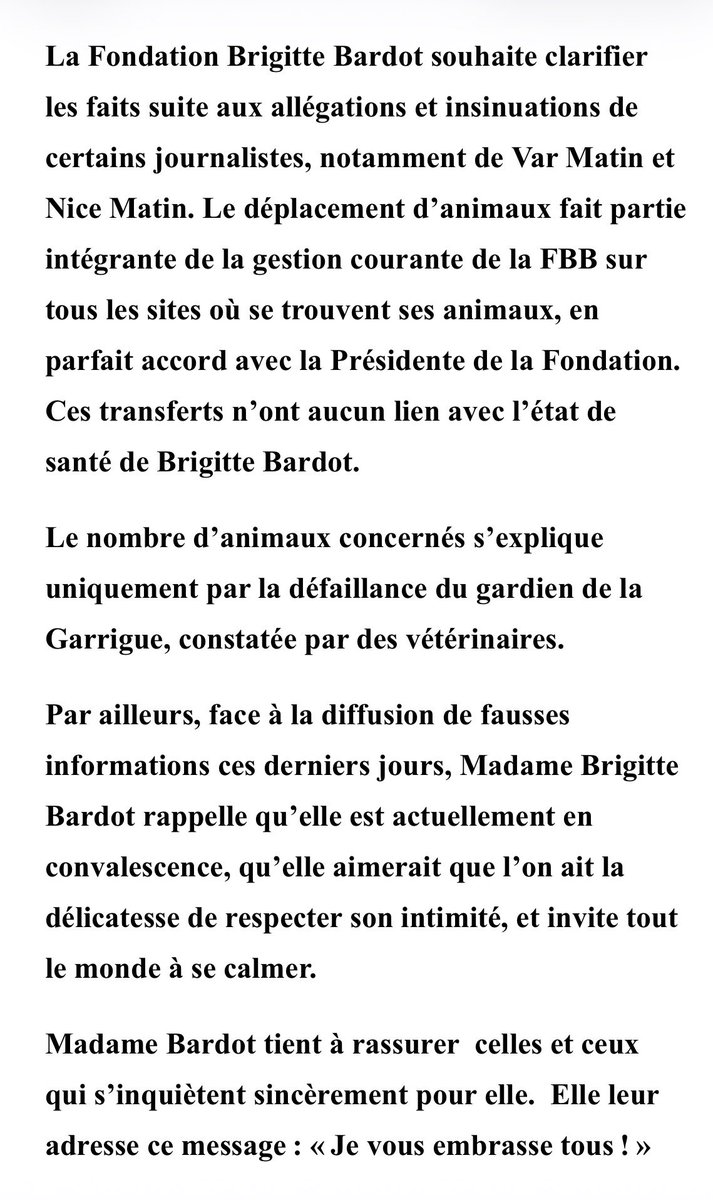 « Madame #Bardot tient à rassurer  celles et ceux qui s’inquiètent sincèrement pour elle. Elle leur adresse ce message : Je vous embrasse tous !  »  (communiqué de @Brigitte_Bardot et de la Fondation <a href="/FBB_Officiel/">Fondation Brigitte Bardot</a>) #AFP