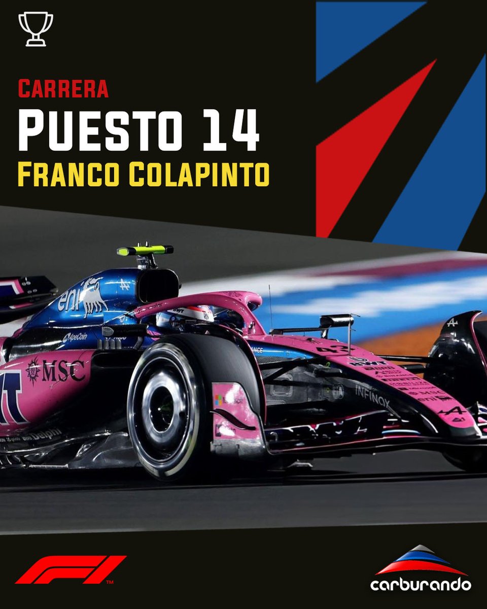 CarburandoTV's tweet photo. 🏁 @francolapinto cumplió con una buena tarea en Catar y llego 14° habiendo largado desde los boxes.

El argentino logró evitar todos los problemas que se presentaron en Doha y terminó por encima de un Gasly que finalizó 16° luego de un toque con Hulkenberg.

#Colapinto #CatarGP https://t.co/zHwDp3sGQr