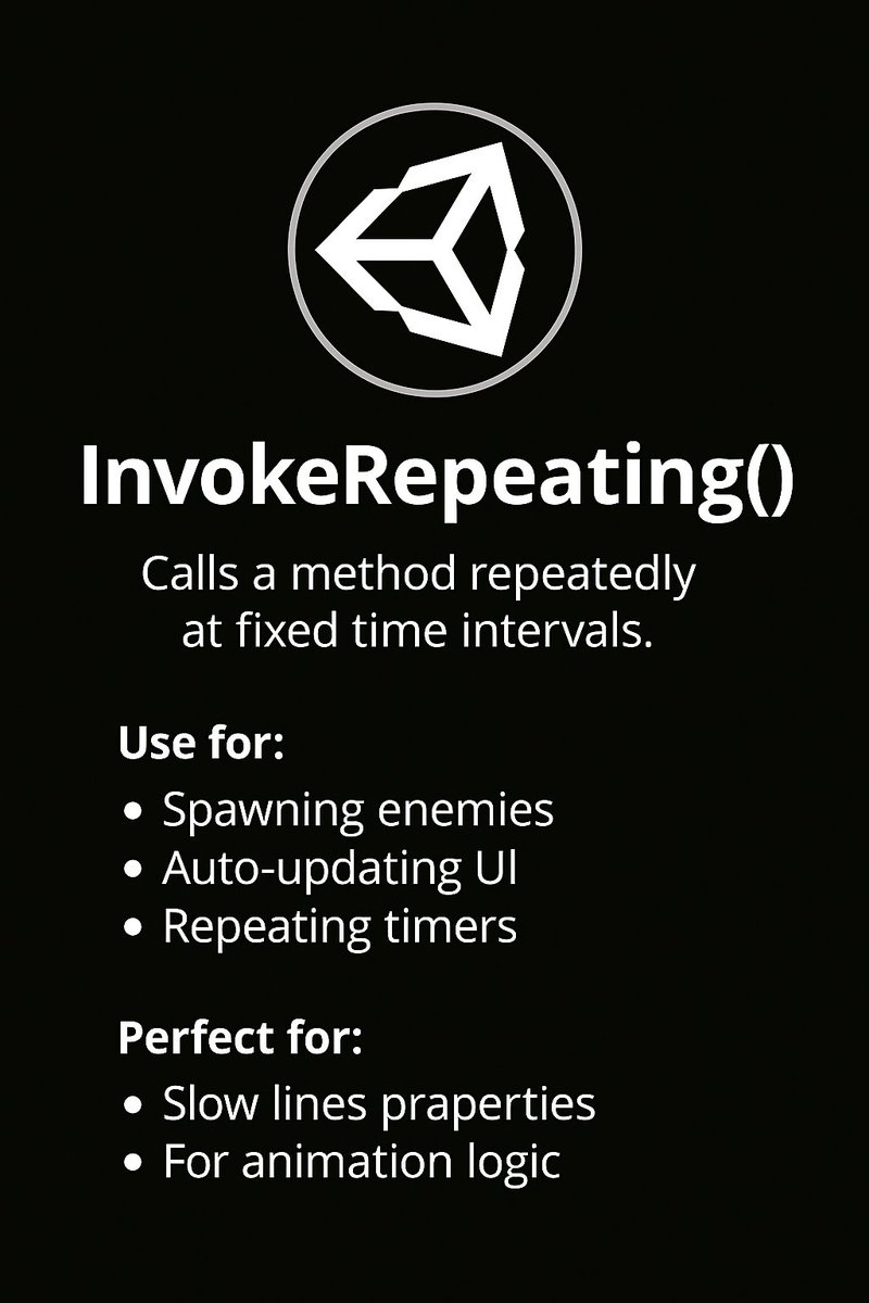 ✅ Today’s Unity tip 👉 InvokeRepeating()

InvokeRepeating() lets you call a method repeatedly at fixed intervals without writing coroutines.
Perfect for loops that run automatically in the background.

Use for:
✔ Repeating timers
✔ Auto-updating UI
✔ Enemy or object spawning