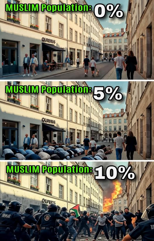 European and American governments, wake up before it’s too late: the unchecked explosion of the Muslim population is no longer a “diversity” footnote—it is an existential threat tearing your nations apart. 

At just 5% they already control entire neighborhoods, turn streets into