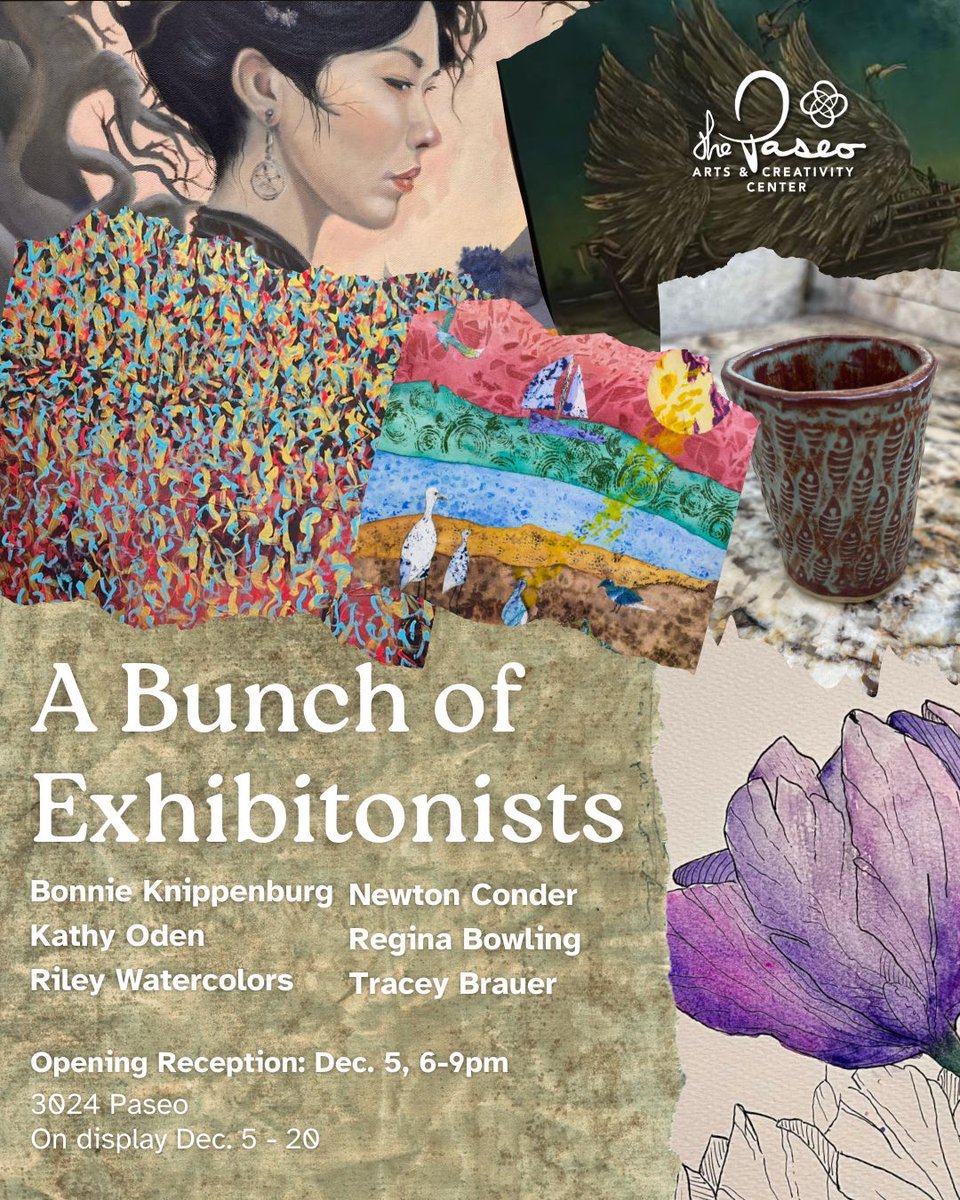 A group of artists from Paseo Gallery One is coming to the Paseo Arts and Creativity Center! They call themselves, A Bunch of Exhibitionists! 

Opening on Dec. 5 at 3024 Paseo. The show will host an opening reception during First Friday Gallery Walk from 6-9pm.