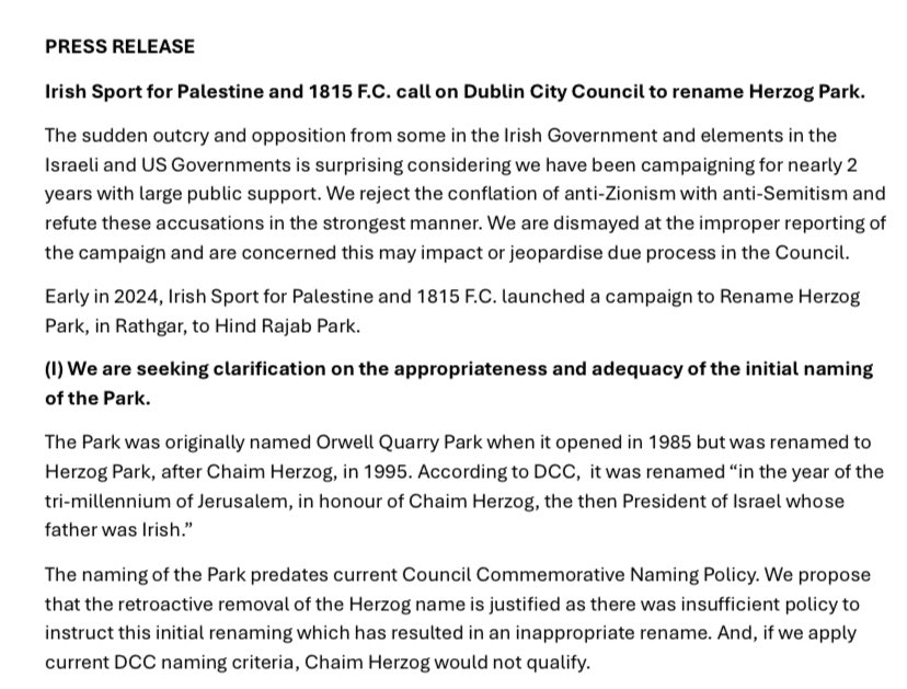 RebeccaO_K's tweet image. Statement from Irish Sport for Palestine and 1815fc’s Rename Herzog Park campaign giving accurate context that has been conveniently ignored by politicians and media. The misinformation, false accusations, and disproportionate reaction has been outrageous
@Sport4Palestine